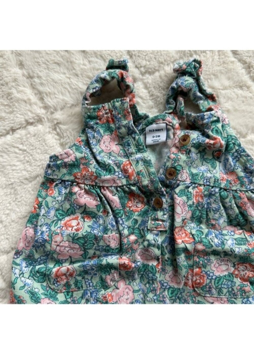 Old Navy | Green and Pink Floral Ruffle Overalls | Size 0-3 Months - Picture 8 of 11